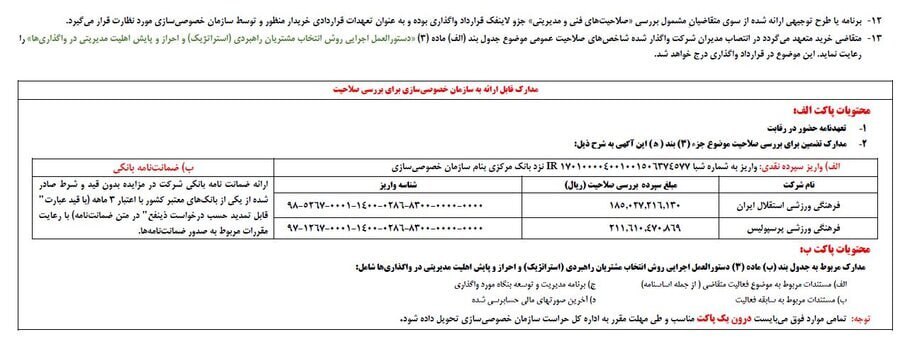 اطلاعیه سازمان خصوصی سازی برای واگذاری سهام ۵۱ درصدی استقلال و پرسپولیس اطلاعیه سازمان خصوصی سازی برای واگذاری سهام ۵۱ درصدی استقلال و پرسپولیس