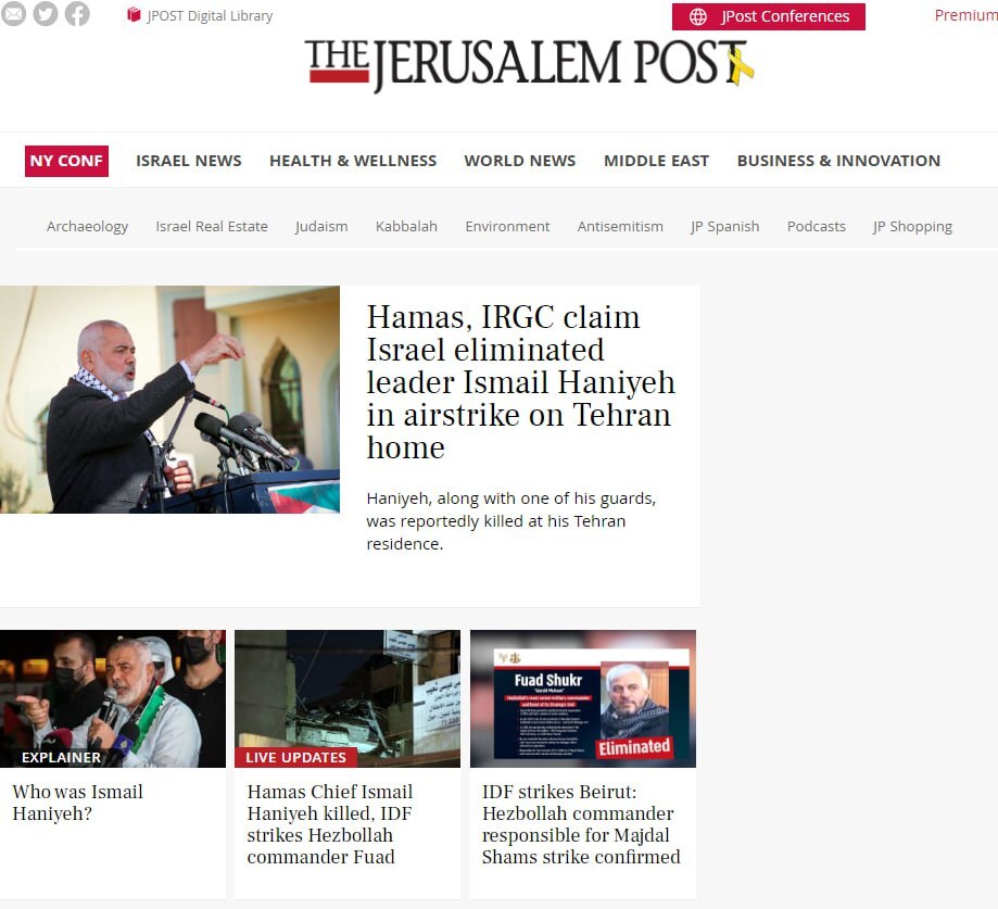 ترور اسماعیل هنیه؛ تیتر یک رسانههای جهان+ عکس ترور اسماعیل هنیه؛ تیتر یک رسانههای جهان+ عکس