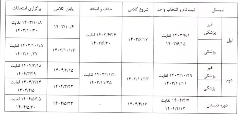 تقویم آموزشی سال تحصیلی 1404 ـ 1403 دانشگاه آزاد اسلامی اعلام شد