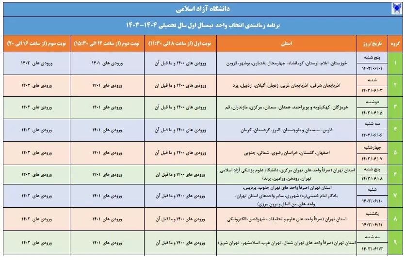 برنامه زمانبندی انتخاب واحد دانشجویان دانشگاه آزاد اسلامی اعلام شد برنامه زمانبندی انتخاب واحد دانشجویان دانشگاه آزاد اسلامی اعلام شد
