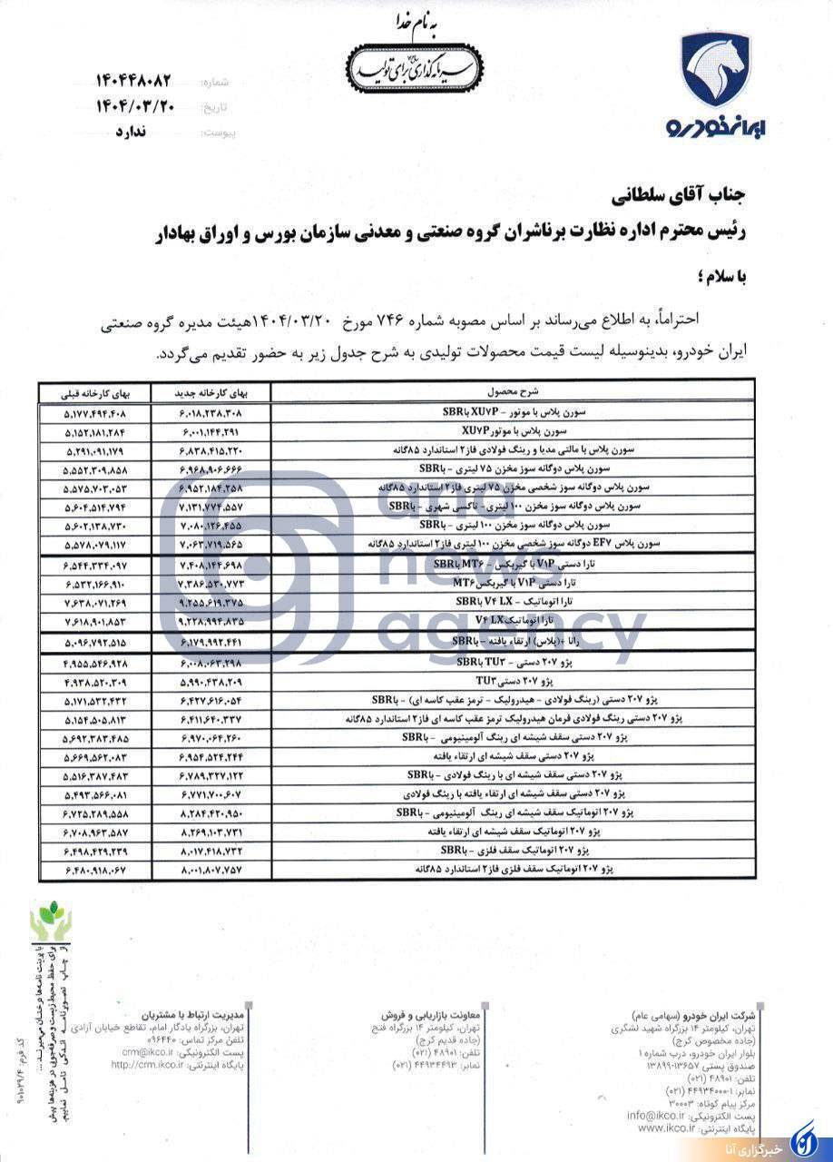 نامه افزایش قیمت خودرو