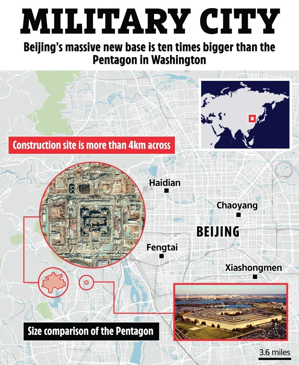 چین در حال ساخت یک اَبَرپایگاه زیرزمینی نظامی است/ طبق اطلاعات اولیه ۱۰ برابر بزرگتر از پنتاگون چین در حال ساخت یک اَبَرپایگاه زیرزمینی نظامی است/ طبق اطلاعات اولیه ۱۰ برابر بزرگتر از پنتاگون