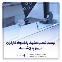 فهرست شعب کشیک بانک رفاه کارگران در روز پنجشنبه ۱۹ تیرماه اعلام شد