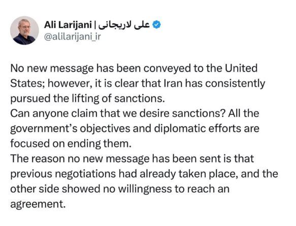 علی لاریجانی: پیامی به آمریکا ندادیم علی لاریجانی: پیامی به آمریکا ندادیم