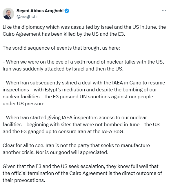 عراقچی: توافق قاهره توسط آمریکا و تروئیکا کشته شد عراقچی: توافق قاهره توسط آمریکا و تروئیکا کشته شد