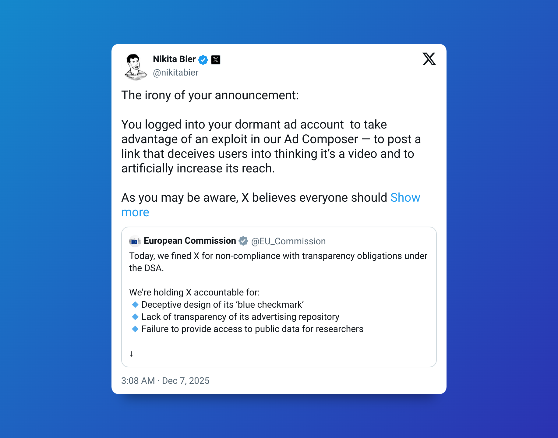 اتحادیه اروپا با جریمه ۱۴۰ میلیون دلاری شبکه اجتماعی ایکس را نقرهداغ کرد اتحادیه اروپا با جریمه ۱۴۰ میلیون دلاری شبکه اجتماعی ایکس را نقرهداغ کرد