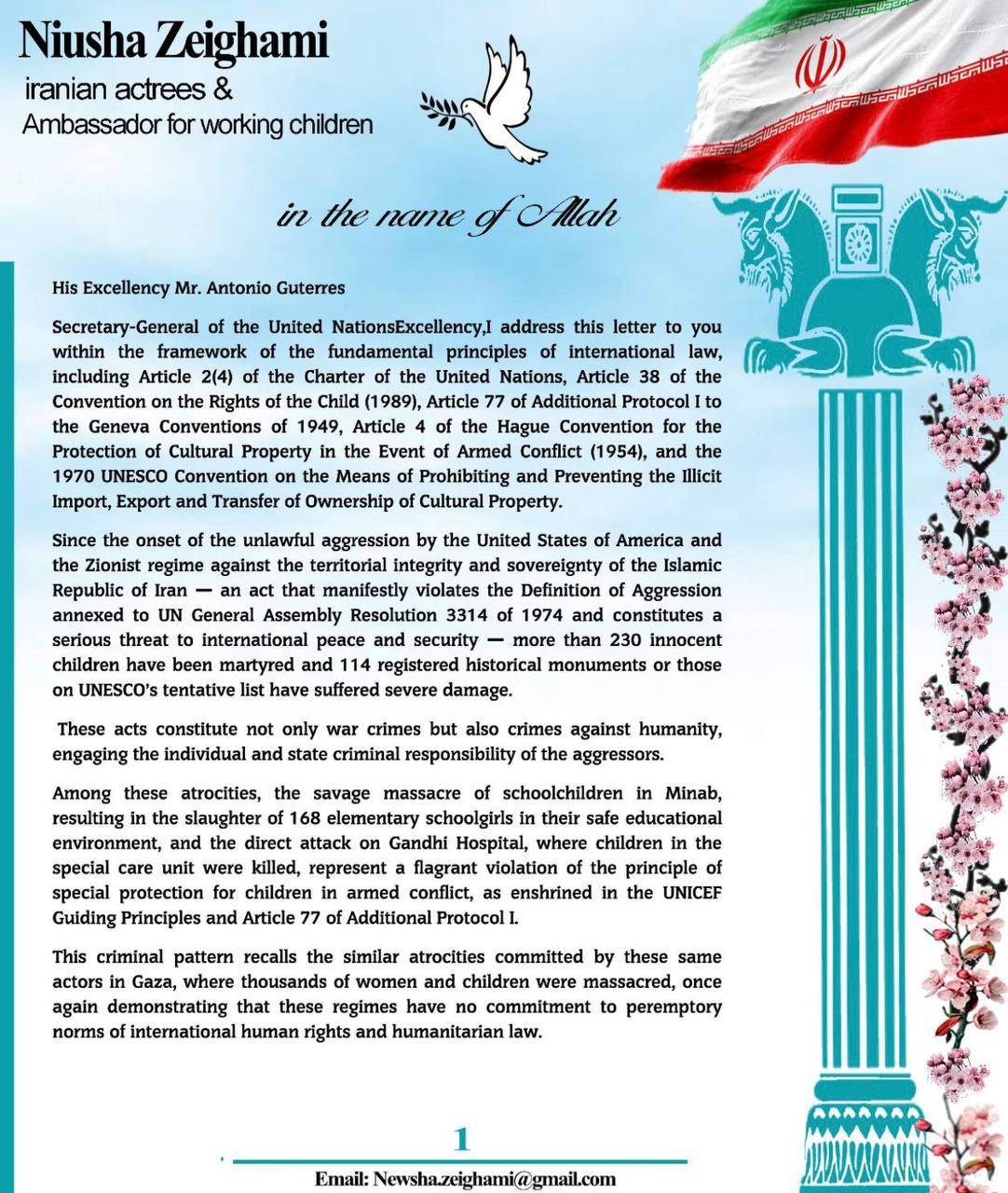 نامه «نیوشا ضیغمی» به دبیرکل سازمان ملل متحد نامه «نیوشا ضیغمی» به دبیرکل سازمان ملل متحد