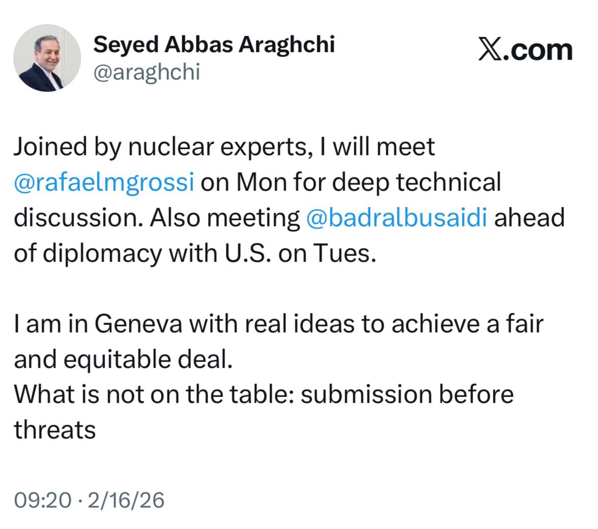 عراقچی: با ابتکارات واقعی به ژنو آمدم/ برنامه دیدار با گروسی برای امروز