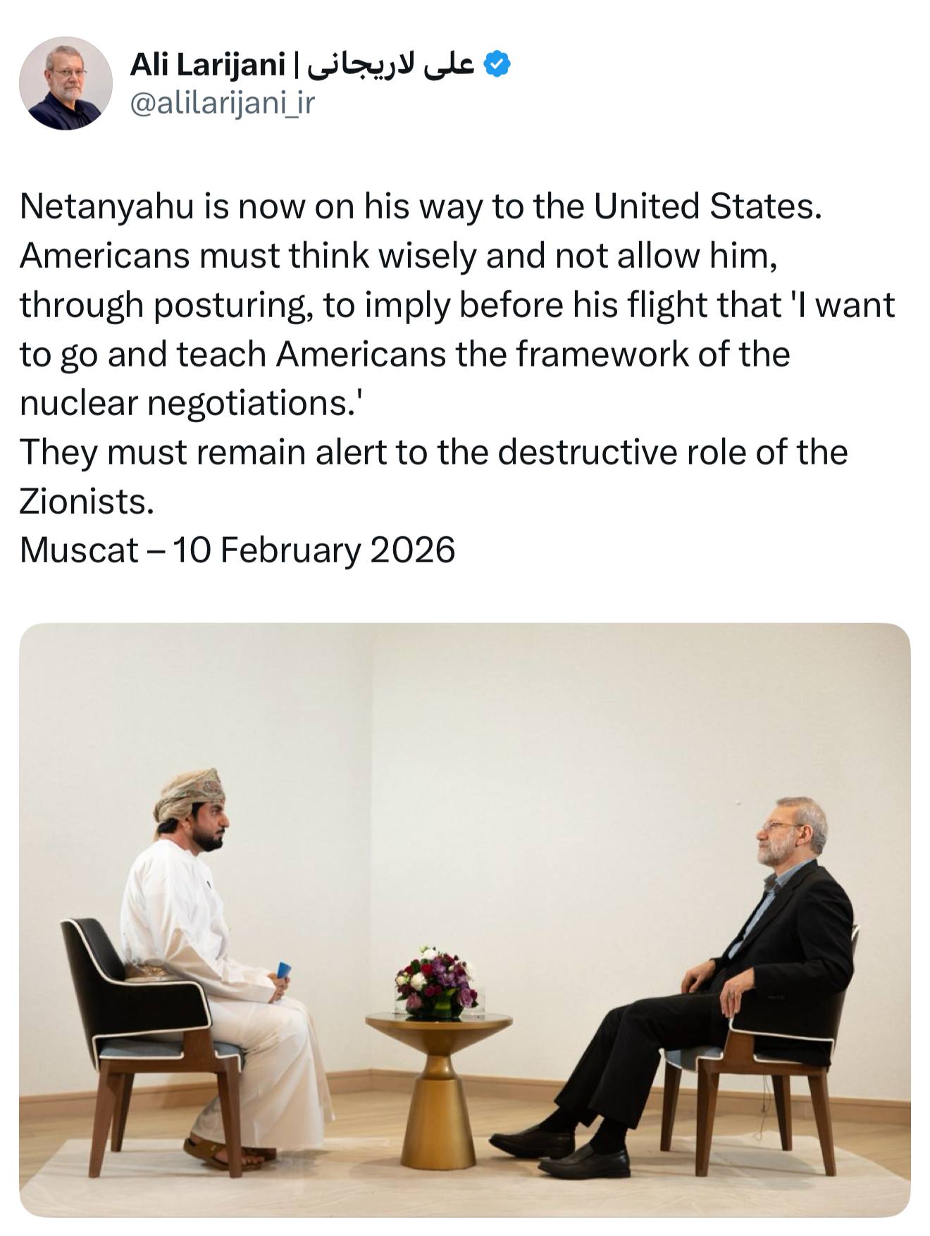 لاریجانی: آمریکایی‌ها باید عاقلانه بیاندیشند و نسبت به نقش مخرب صهیونیست‌ها هوشیار باشند