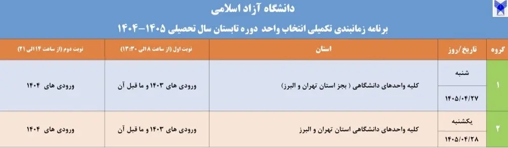 برنامه زمانبندی انتخاب واحد تکمیلی دوره تابستان دانشگاه آزاد اسلامی اعلام شد