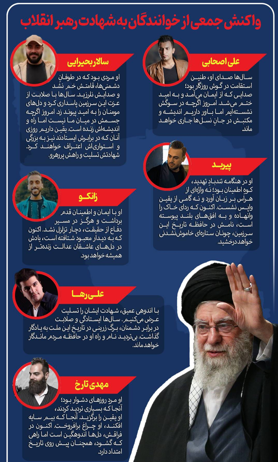واکنش جمعی از خوانندگان به شهادت رهبر انقلاب/در دل عاشقان عدالت زندهتر از همیشه خواهد بود واکنش جمعی از خوانندگان به شهادت رهبر انقلاب/در دل عاشقان عدالت زندهتر از همیشه خواهد بود