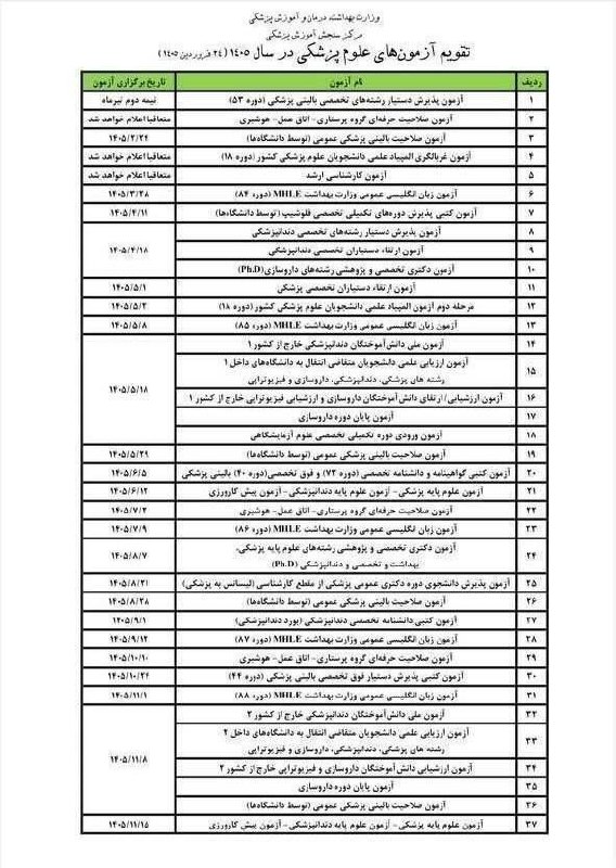 تقویم جدید آزمون‌های علوم پزشکی سال ۱۴۰۵ اعلام شد
