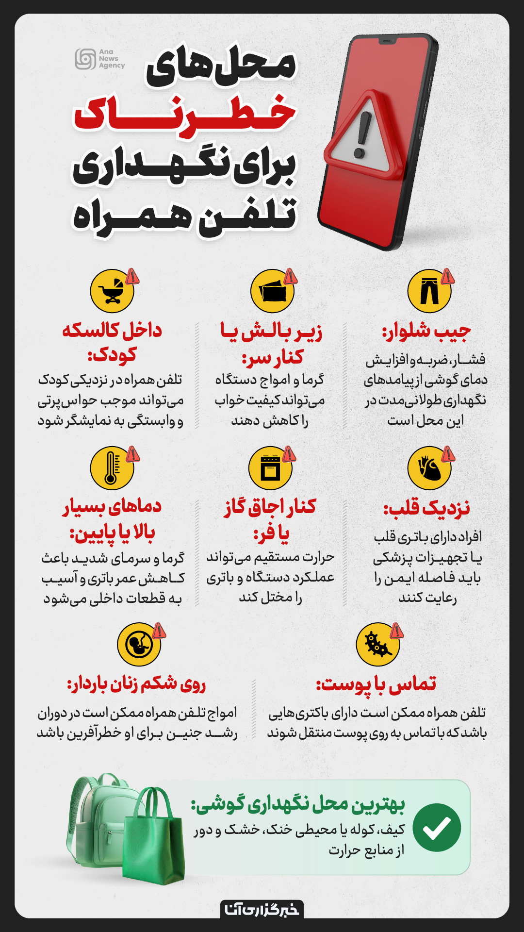 محل‌های خطرناک برای نگهداری تلفن همراه