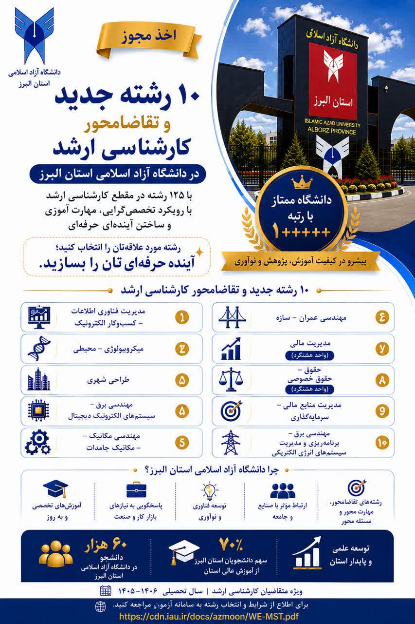 ۱۰ رشته جدید کارشناسی ارشد به رشته‌های دانشگاه آزاد اسلامی استان البرز افزوده شد 