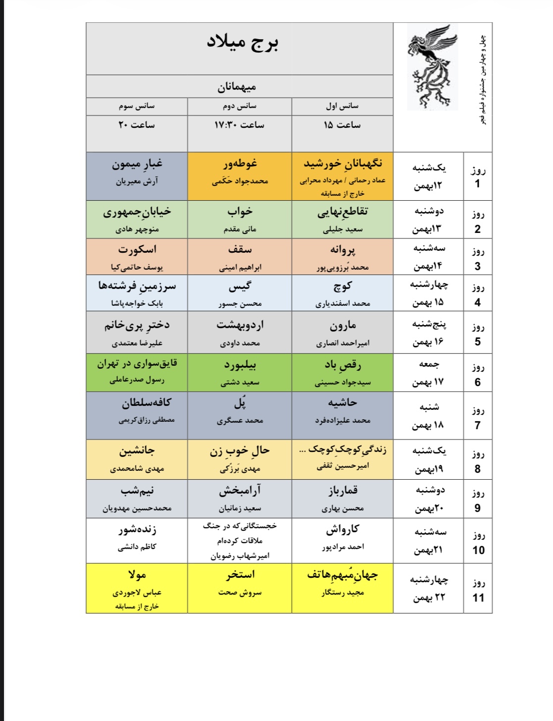 جدول نمایش فیلم‌های جشنواره‌ی ملی فجر منتشر شد